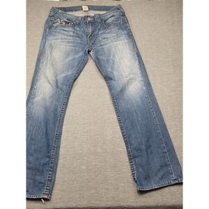 True Religion Mens Straight Leg Distressed Blue Jeans Horseshoe Size 36 USA Made